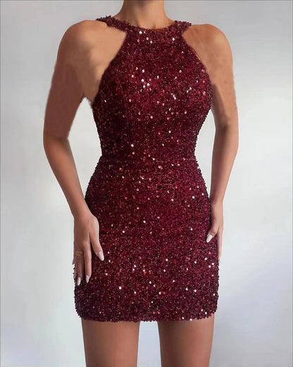 Damen Glitzerndes Minikleid Halbausschnitt Figurbetont