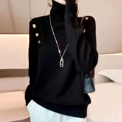 Damen Rollkragenpullover Modisch Dekorative Knöpfe Grau
