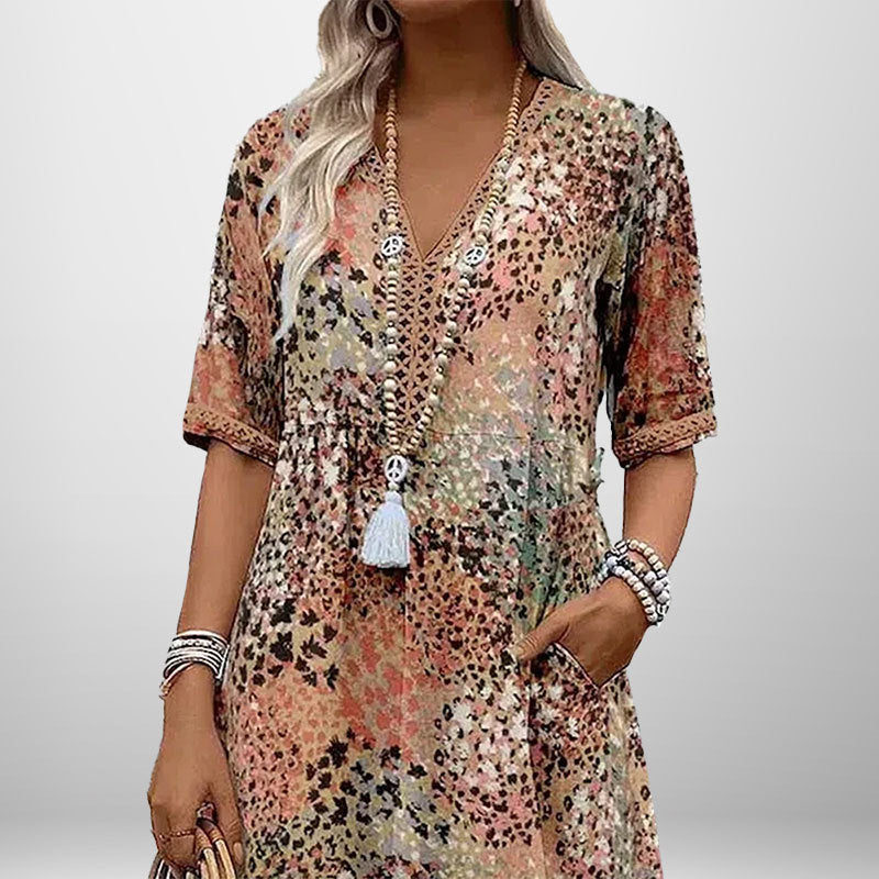 Damen Tunika-Kleid Muster V-Ausschnitt Eveloria