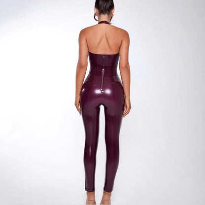Damen Jumpsuit Glanzstoff V-Ausschnitt Schlank Eveloria