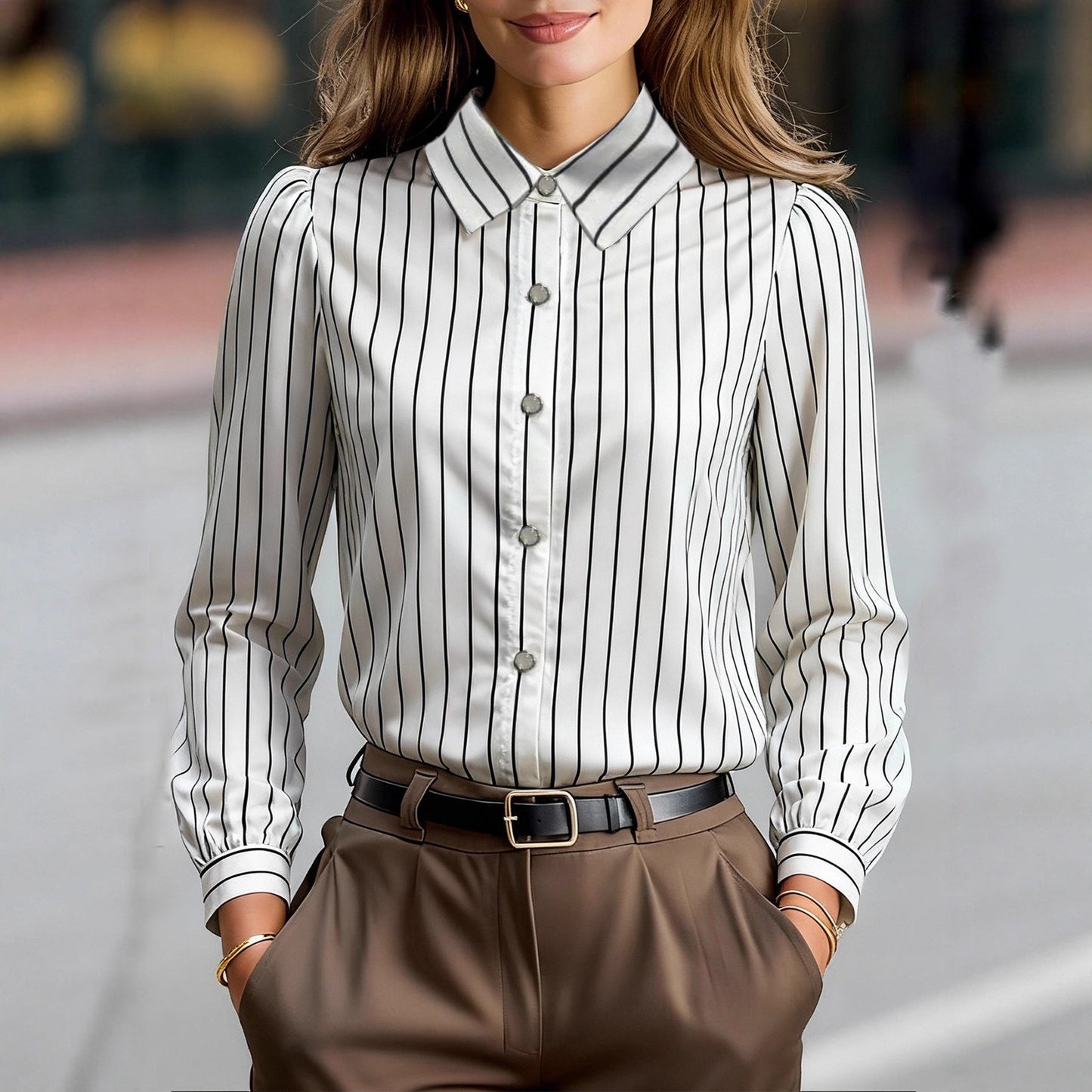 Damen Bluse Gestreift Klassischer Kragen Puffärmel