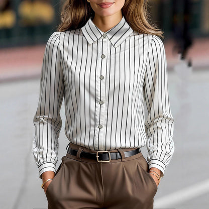 Damen Bluse Gestreift Klassischer Kragen Puffärmel