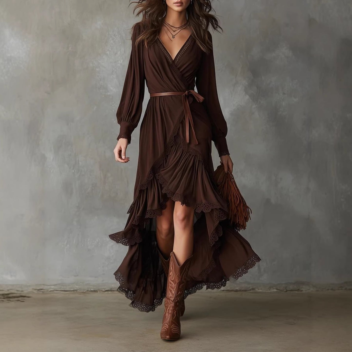 Damen Wickelkleid Spitzendetails Fließender Saum Eveloria - Eveloria