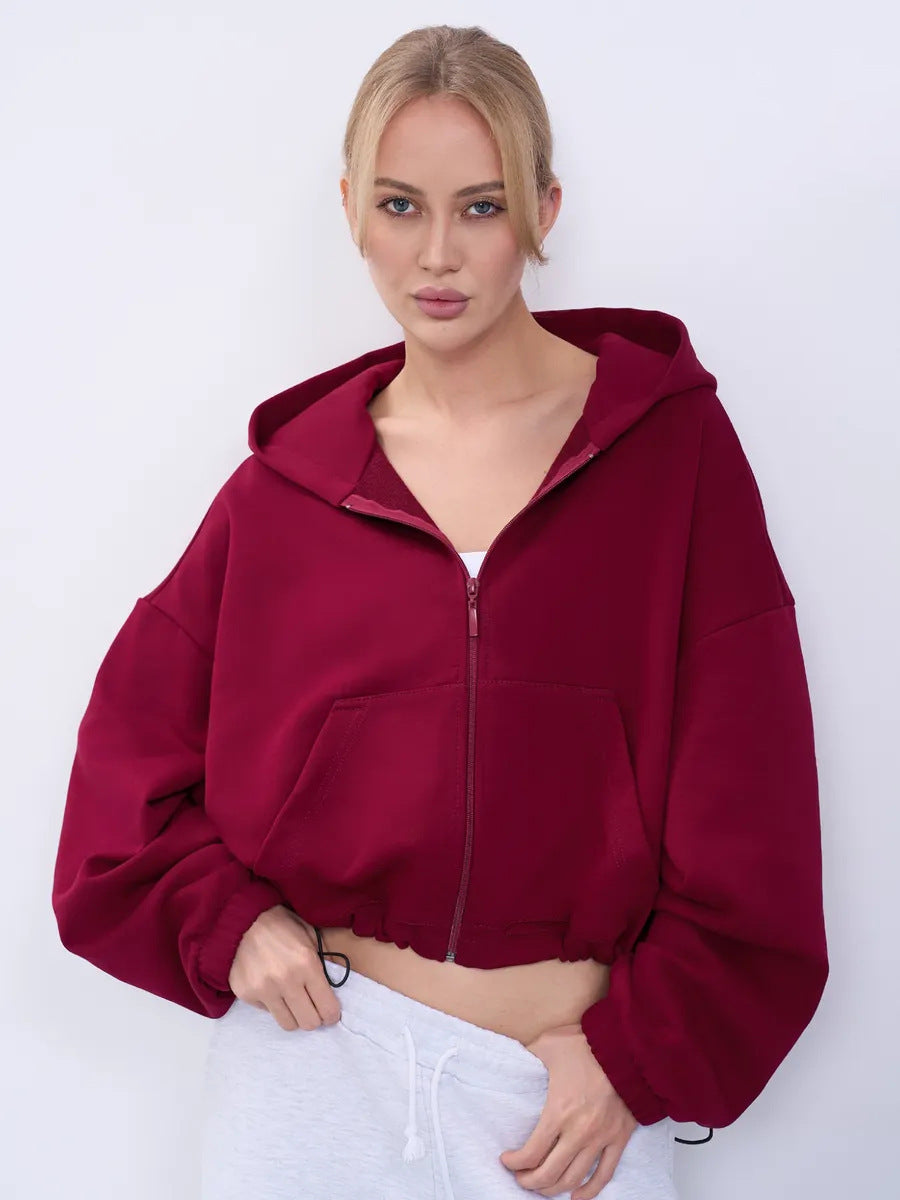 Damen Cropped Kapuzenjacke Reißverschluss Übergroße Ärmel Eveloria