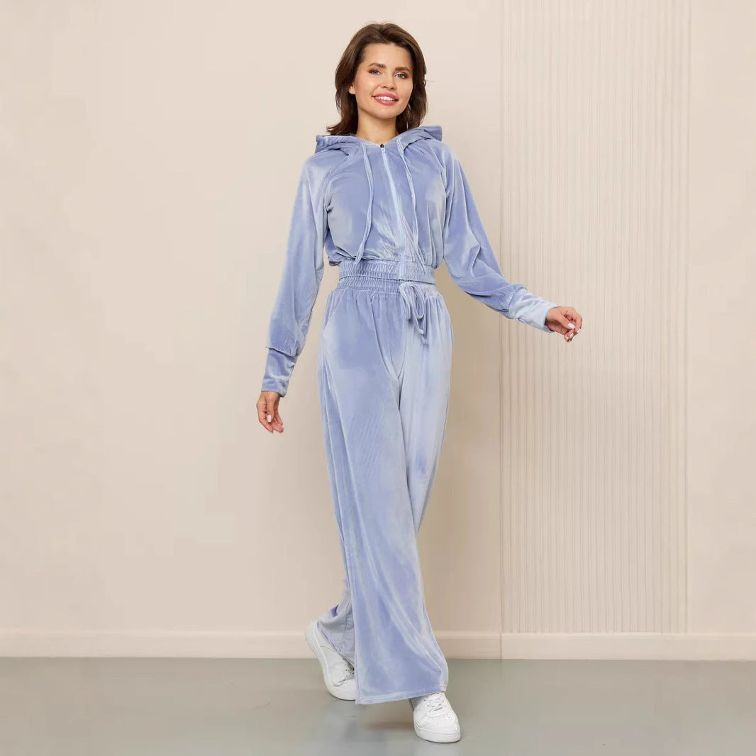 Damen Velours-Jogginganzug Cropped Kapuze Weite Passform