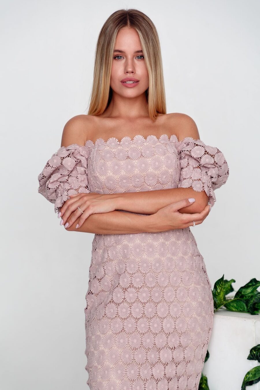 Damen Kleid Spitze Romantisch Puffärmel Blumenmuster