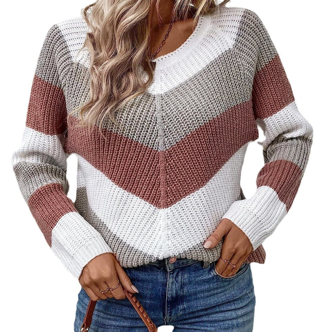 Damen Strickpullover Chevron Muster
