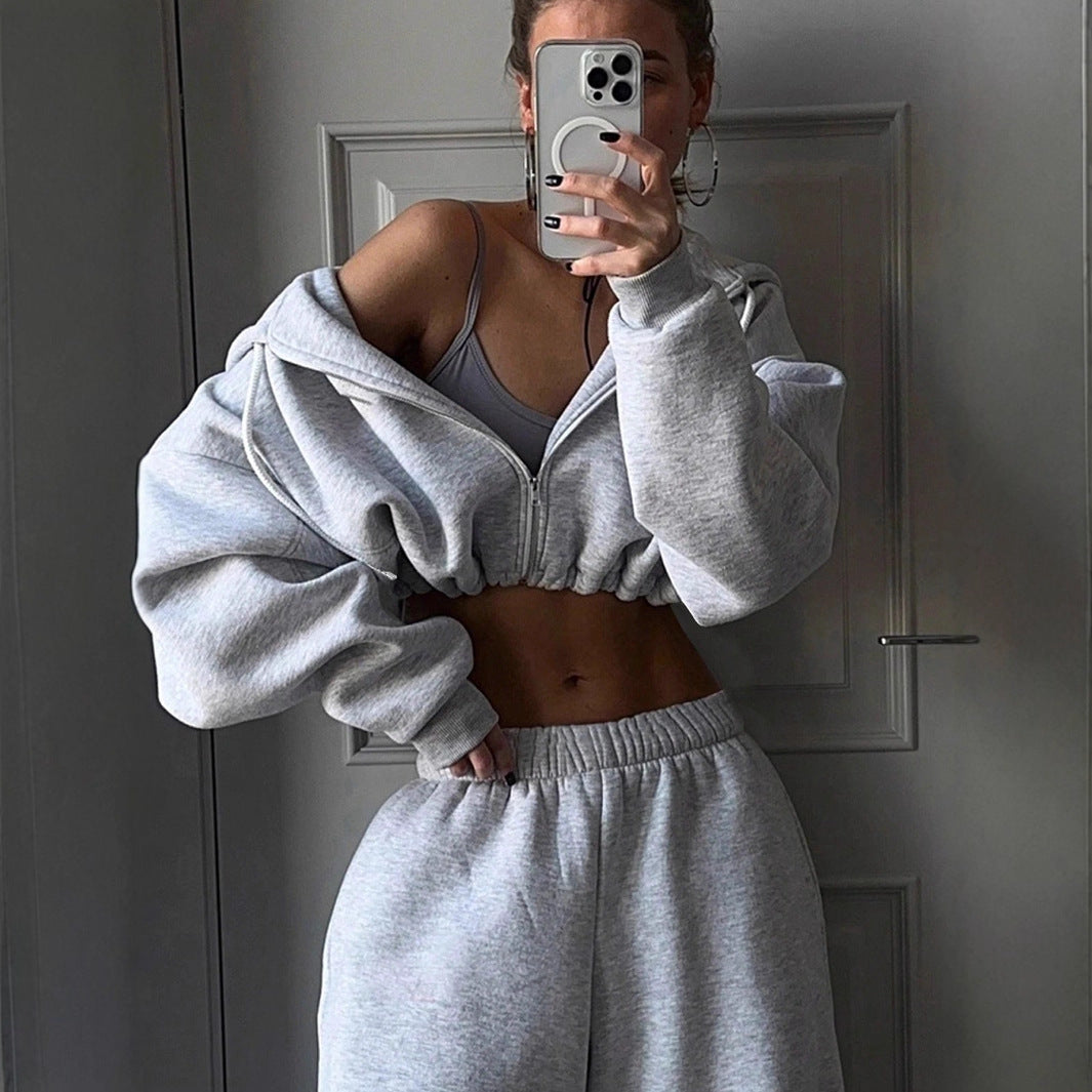 Damen Sweatshirt Set Cropped mit weiter Jogginghose Grau - Eveloria