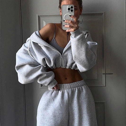 Damen Sweatshirt Set Cropped mit weiter Jogginghose Grau - Eveloria