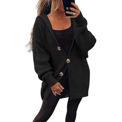Damen Oversize Strickjacke Grobstrick Weich Holzknöpfe Beige