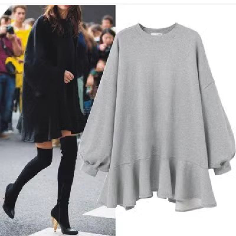 Damen Oversized Sweatshirtkleid Voluminöser Rüschensaum Schwarz - Eveloria