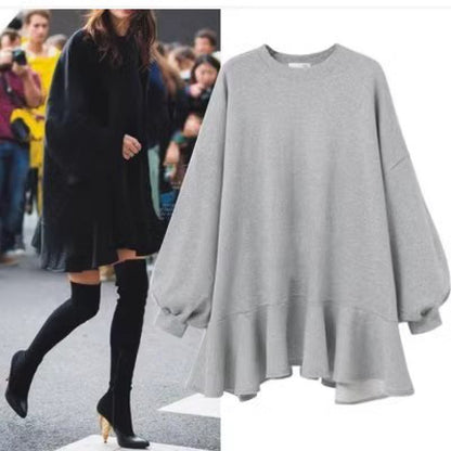 Damen Oversized Sweatshirtkleid Voluminöser Rüschensaum Schwarz - Eveloria