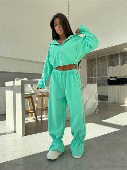 Damen Zwei-Teiler-Set Cropped Kapuzenpullover Weite Hose Eveloria