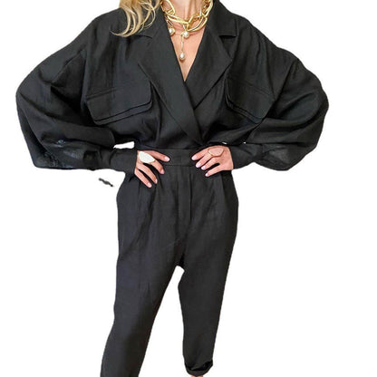 Damen Leinen-Jumpsuit Voluminöse Ärmel Eleganter Gürtel Beige