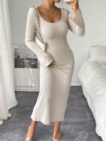 Damen Langarm Strickkleid Rundhalsausschnitt Figurbetonend