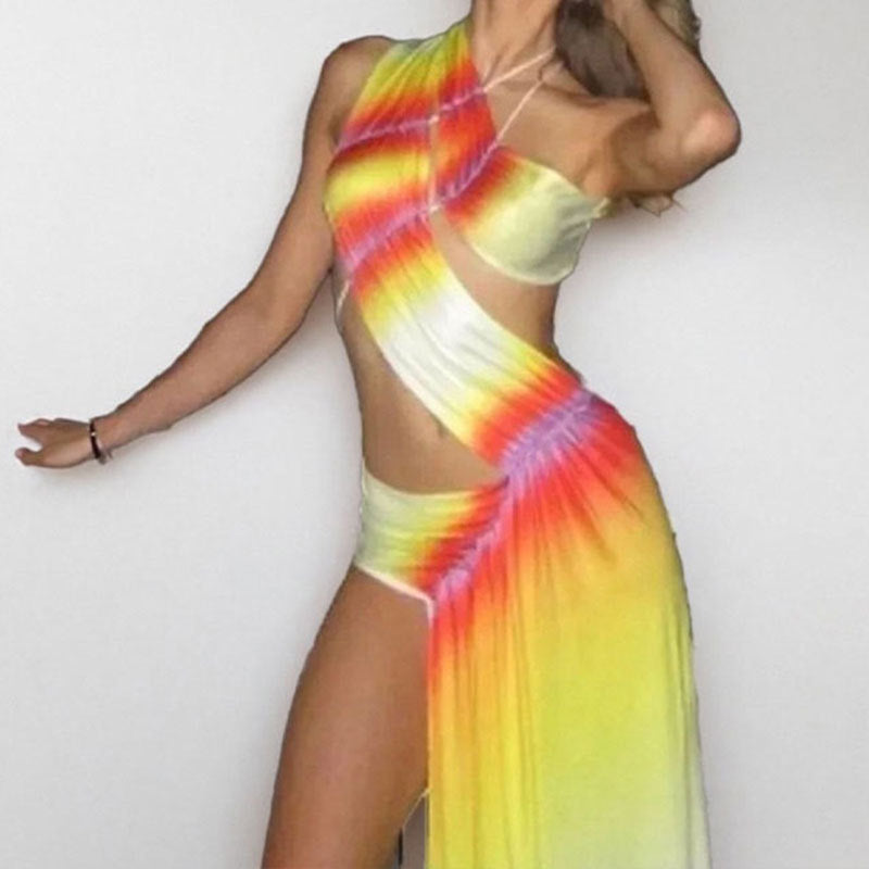 Damen Strandkleid Asymmetrisch Batik-Design Farbenfroh