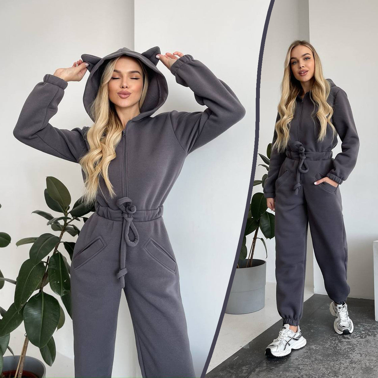 Damen Jumpsuit Kuschelig Känguru-Taschen Tierohren Grau