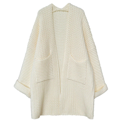 Damen Longcardigan Praktisch Mit Taschen und Zopfmuster Beige