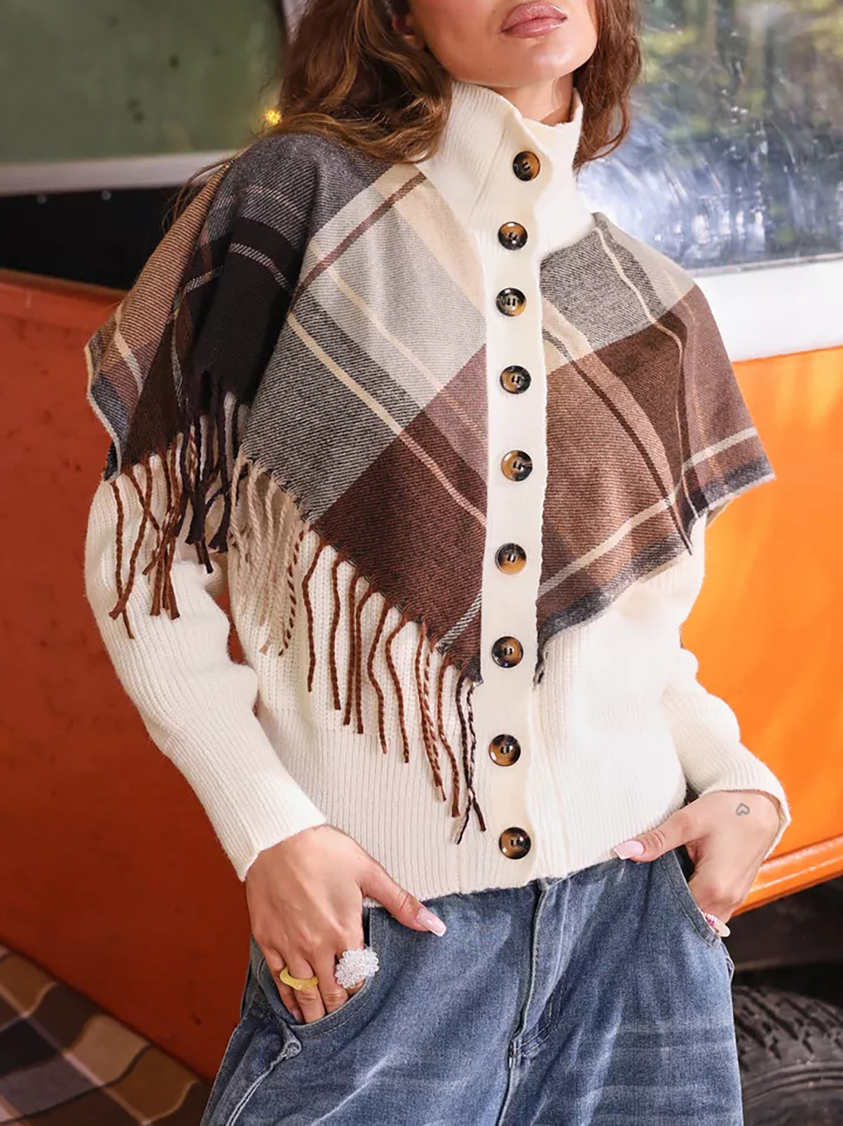 Damen Strickweste Karomuster Dekorativ Knöpfe Beige