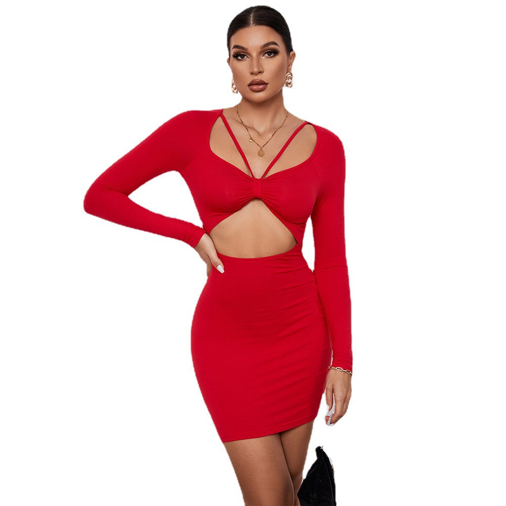 Damen Minikleid Cut-Out mit langen Ärmeln und Knoten-Detail