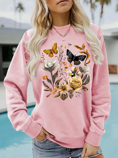 Damen Sweatshirt Floraler Druck Lässig Beige