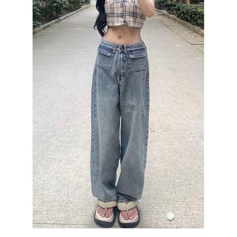 Damen Weite Denim-Hose Hochtaschen Vintage-Waschung Blau