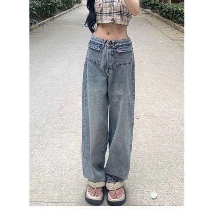 Damen Weite Denim-Hose Hochtaschen Vintage-Waschung Blau