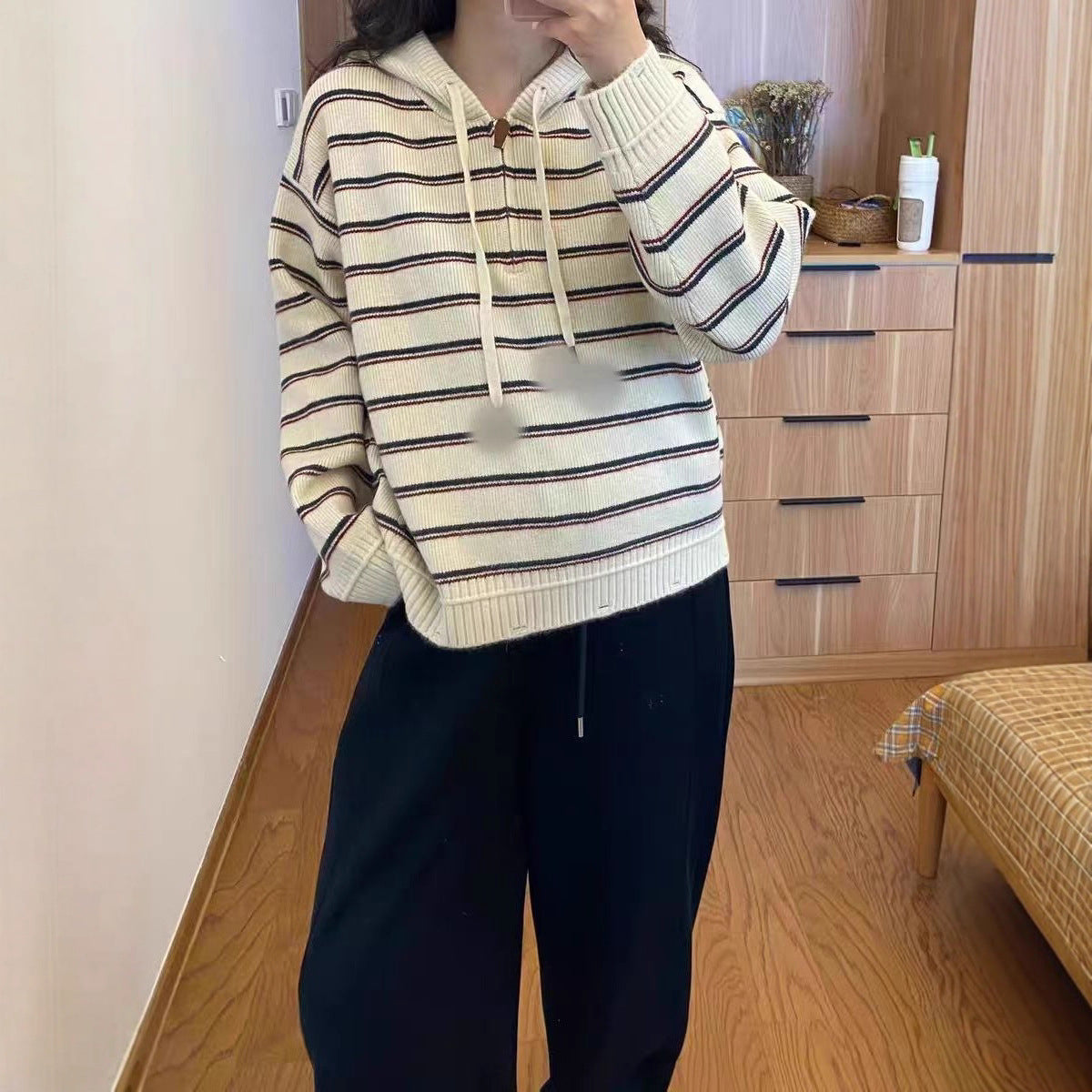 Damen Hoodie Pullover Strukturiertes Streifenmuster