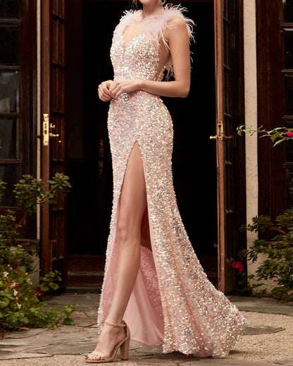 Damen Abendkleid Pailletten Federdetail Eveloria
