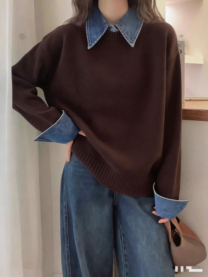 Damen Pullover Weiches Material Mit Hemdkragen Beige