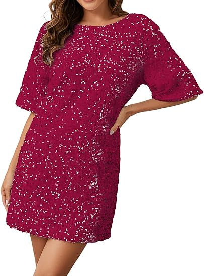Damen Pailletten-Kleid Lockere Ärmel Rundhalsausschnitt