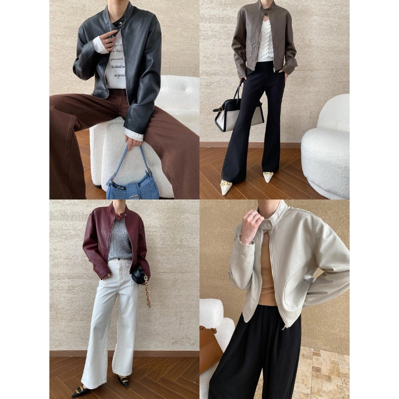 Damen Kunstlederjacke Stehkragen Taschen Eveloria