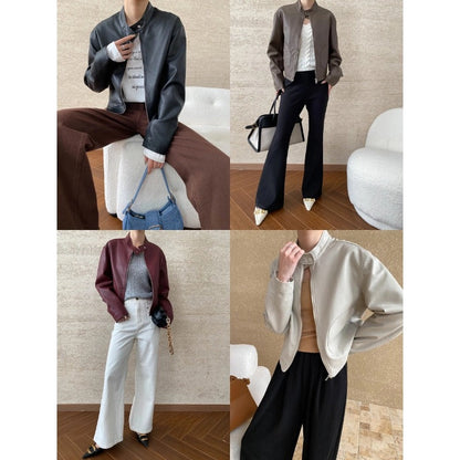 Damen Kunstlederjacke Stehkragen Taschen Eveloria