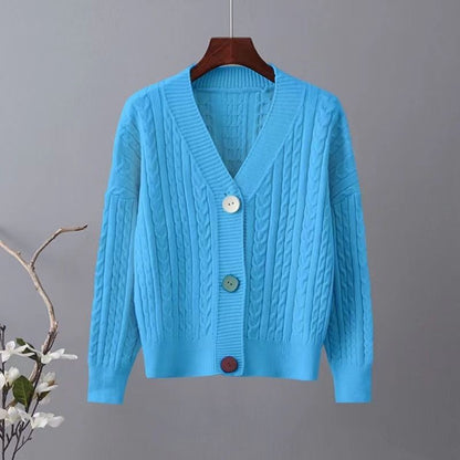 Damen Grobstrickjacke V-Ausschnitt Dekorative Knöpfe Eveloria