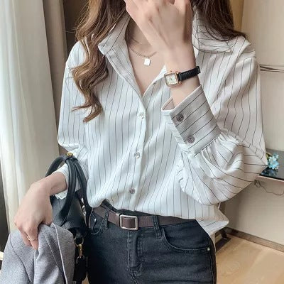 Damen Bluse Streifenmuster Modern Knöpfe Eveloria