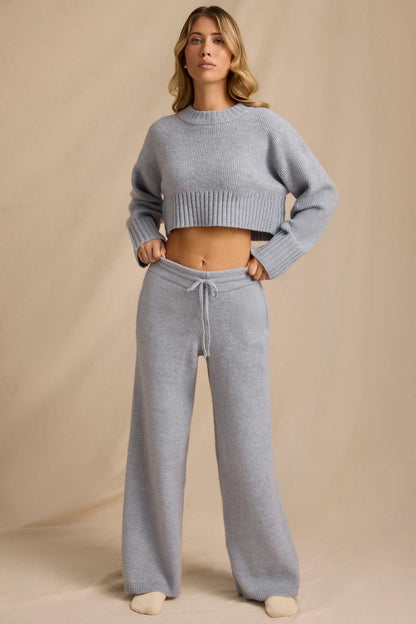 Damen Strick-Set Cropped Pullover Weite Hose Beige