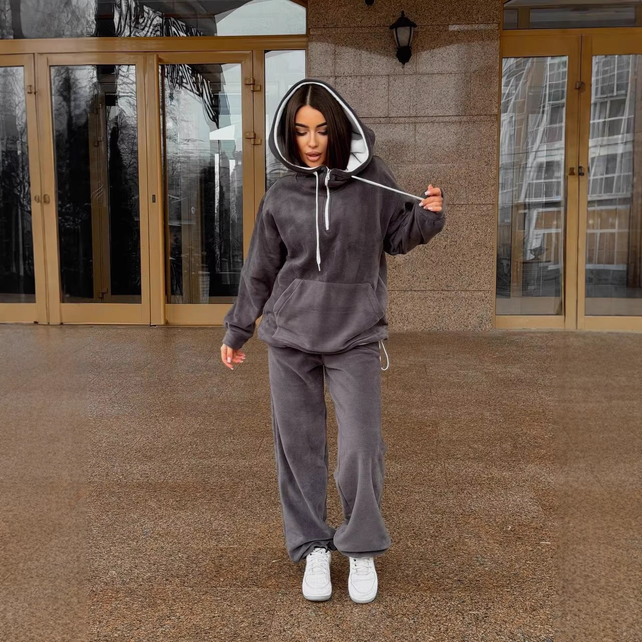 Damen Fleece-Jogginganzug Hochkragen Kordelzug Grau
