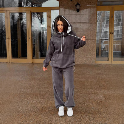 Damen Fleece-Jogginganzug Hochkragen Kordelzug Grau
