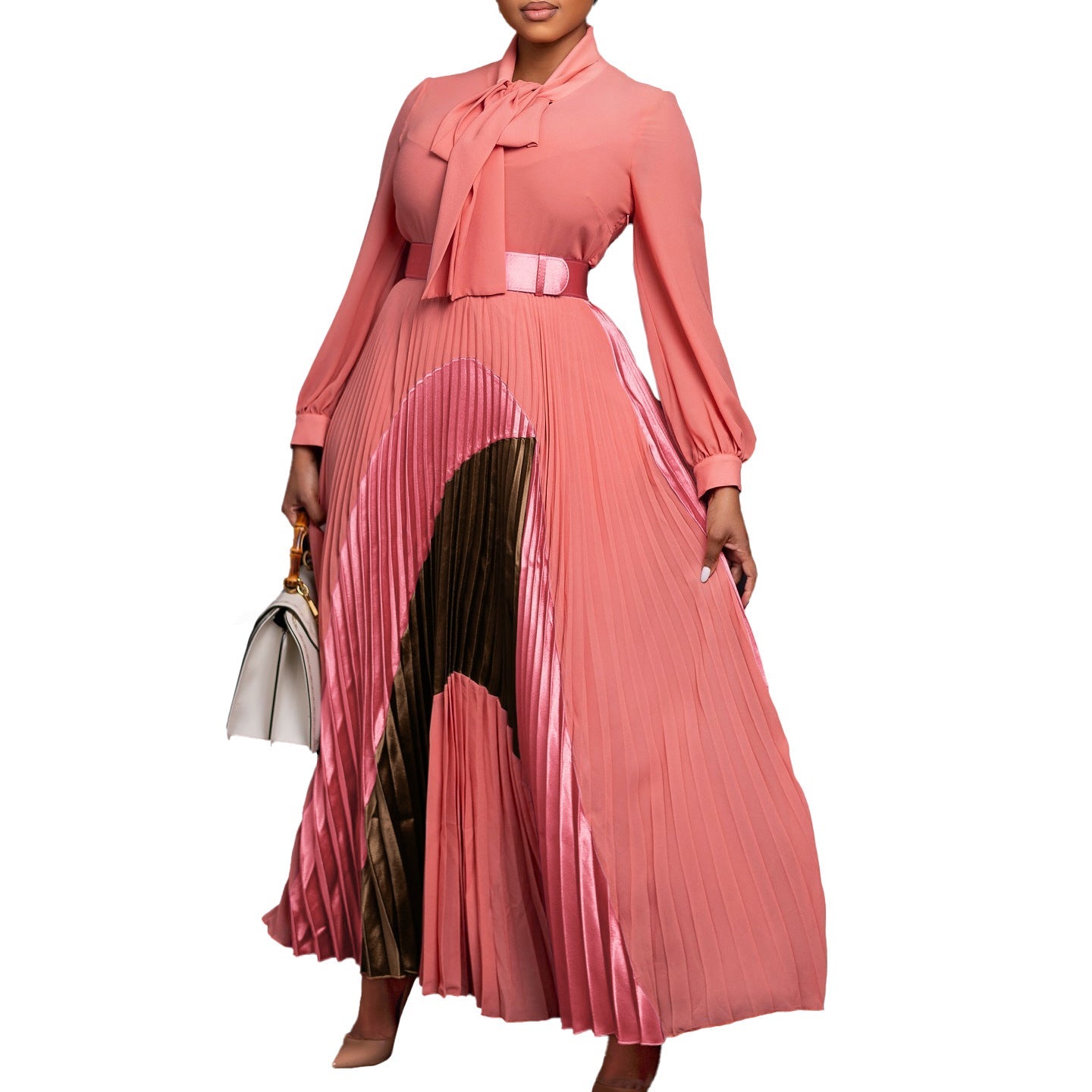 Damen Maxikleid Eleganter Schlitz Krawattenkragen Eveloria