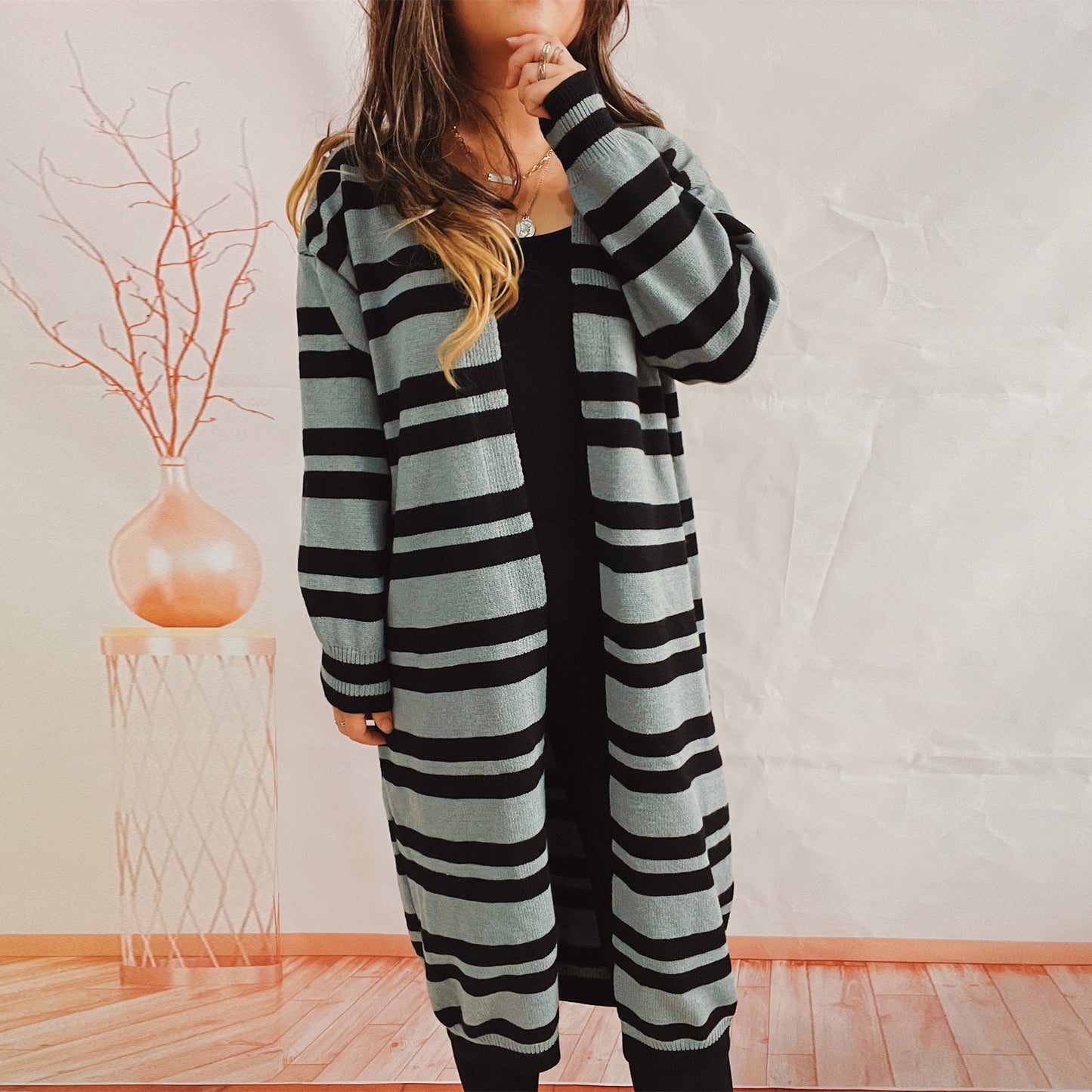 Damen Strickjacke Lang Gestreift Offener Schnitt