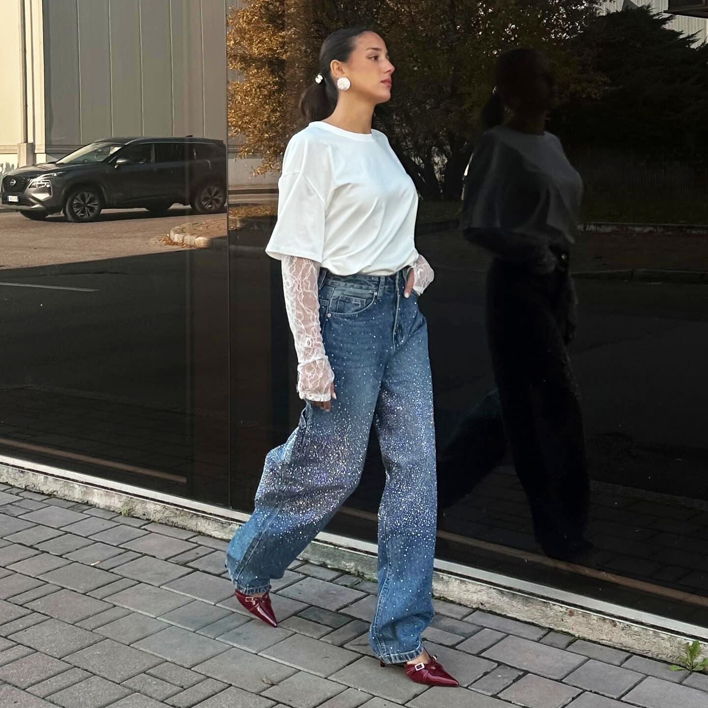 Damen Oversized T-Shirt Spitzenärmel Weiß