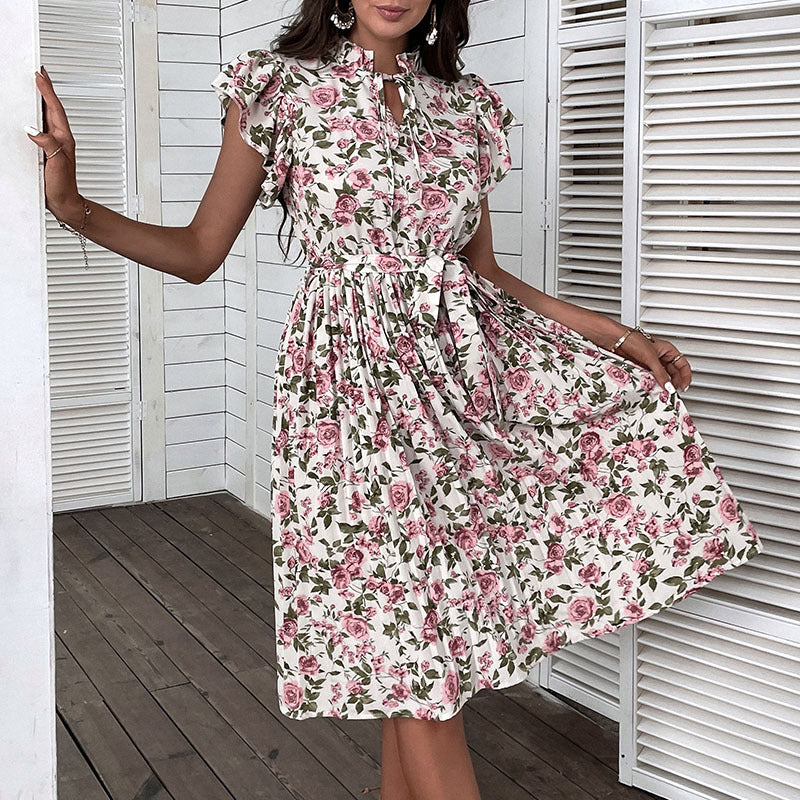Damen Kleid Florales Muster Rüschenbesatz Eveloria - Eveloria
