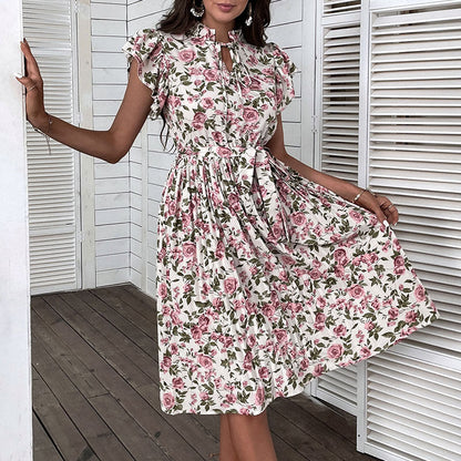 Damen Kleid Florales Muster Rüschenbesatz Eveloria - Eveloria