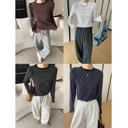Damen Langarmshirt Klassisches Streifenmuster Rundhals Weiss