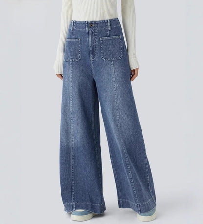 Damen Weite Jeanshose Hohe Taschen Eveloria