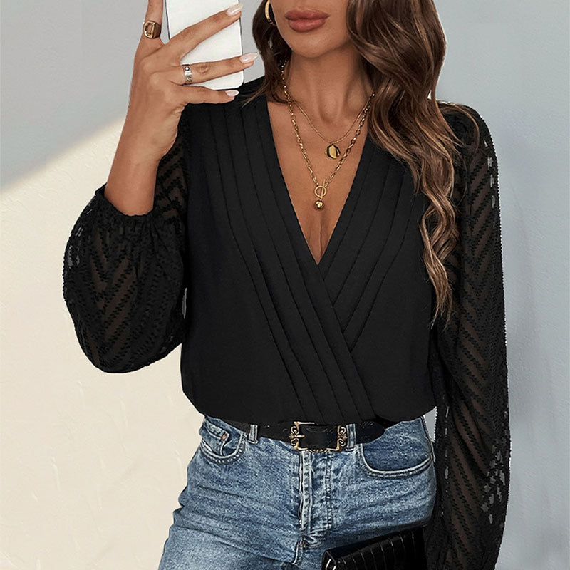 Damen Bodysuit Elegante Rüsche Transparente Ärmel Eveloria