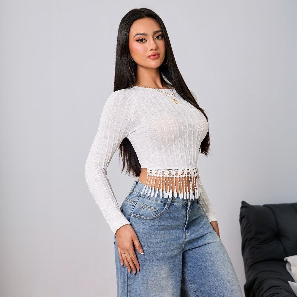Damen Cropped Langarmshirt mit Fransen-Details