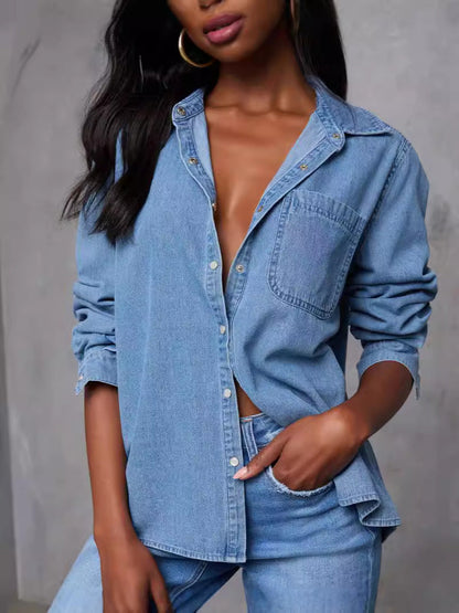 Damen Jeanshemd mit Brusttasche und modischen Akzenten Blau Eveloria