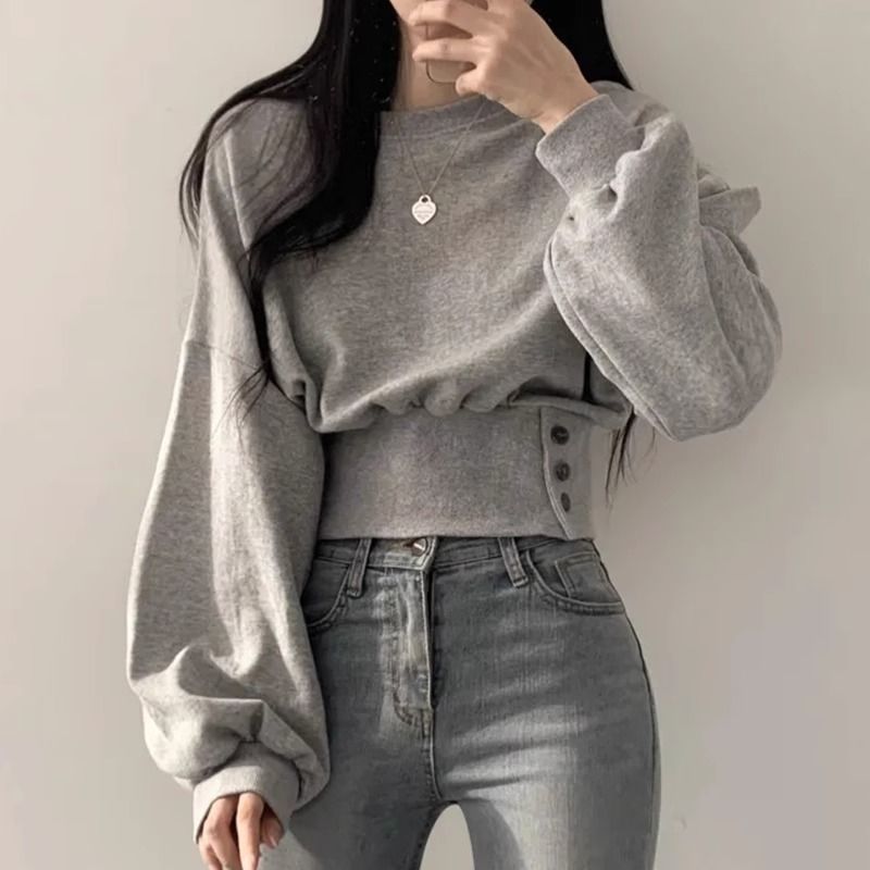 Damen Cropped Sweatpullover Puffärmel Eveloria - Eveloria