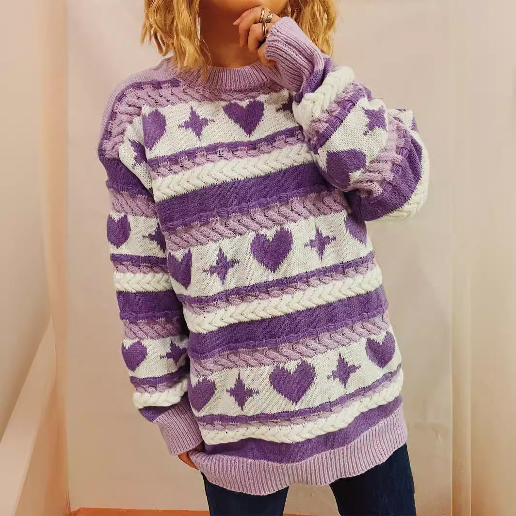 Damen Pullover Herzförmiges Muster Breite Streifen Grobgestrickt